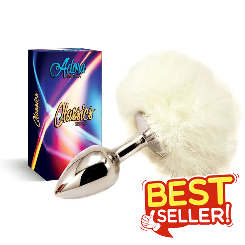 Adora Bunny Rabbit Tail Silver Tear Drop Butt Plug - White Medium