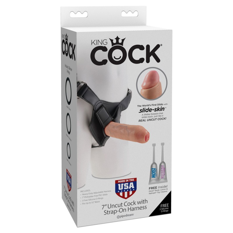 King Cock 7 inch Uncut Dildo - Flesh with Harness