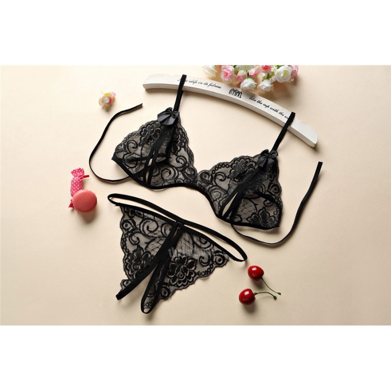 Exotic Lace Lingerie Sexy Bra + Crotch-less G-String Knickers