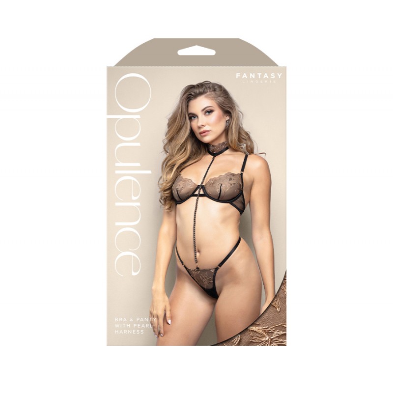 Opulence Bra & Panty with Pearl Harness - Black M/L Opulence Bra & Panty with Pearl Harness - Black M/L