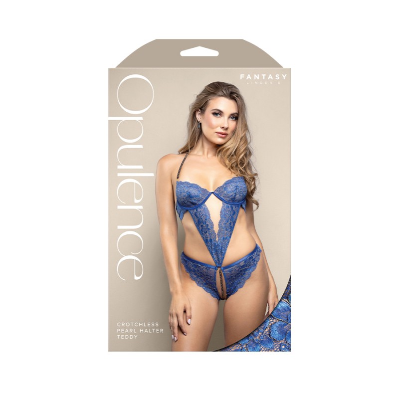 Opulence Crotchless Pearl Halter Teddy - Royal Blue M/L Opulence Crotchless Pearl Halter Teddy - Royal Blue M/L