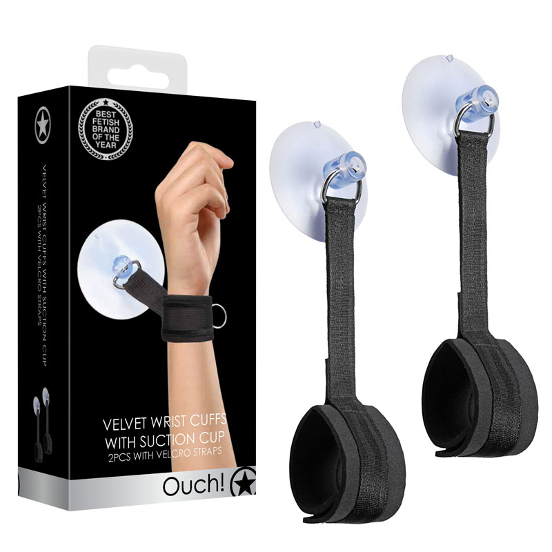 Ouch! Velvet & Velcro Adjustable Handcuffs with Suction Cup - Black