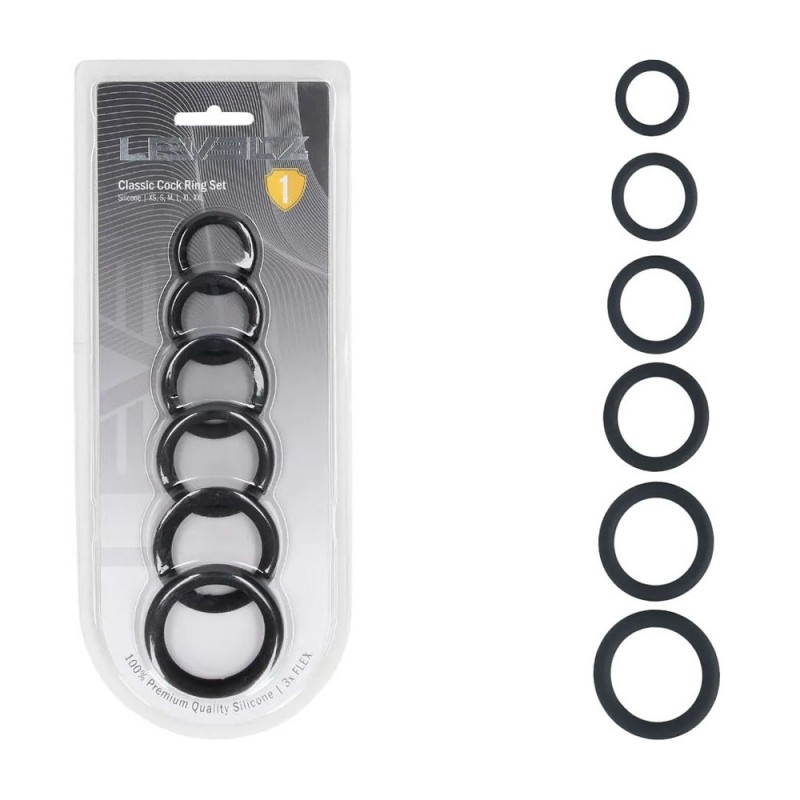 Levelz Classic Silicone Cock Ring Set of 6 - Black