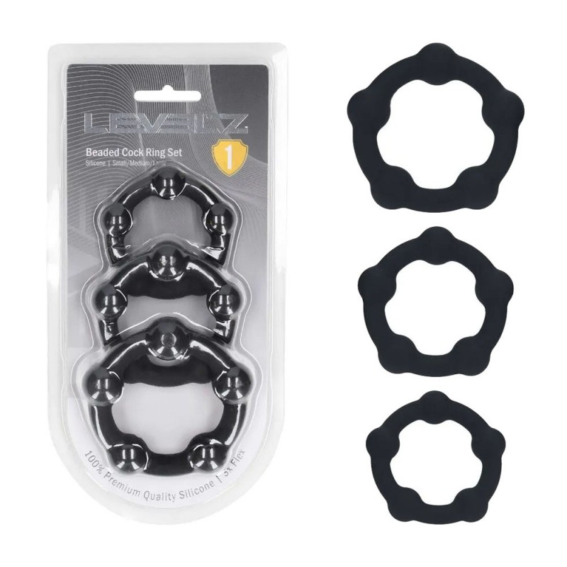 Levelz Beaded Silicone Cock Ring Set of 3 - Black