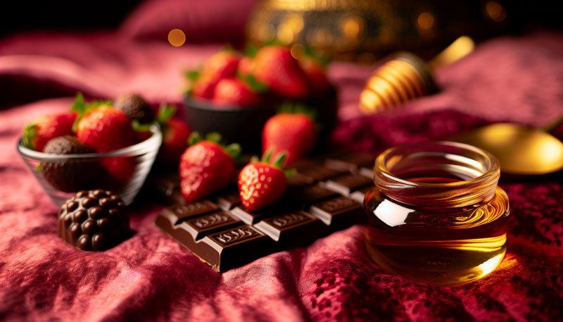 A variety of sensual foods including chocolate, strawberries, and honey on a bed