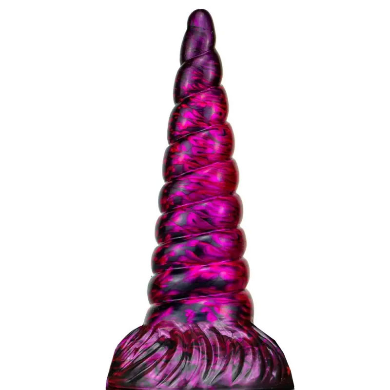 Close-up of a colourful unicorn dildo with sparkly details and smooth curves