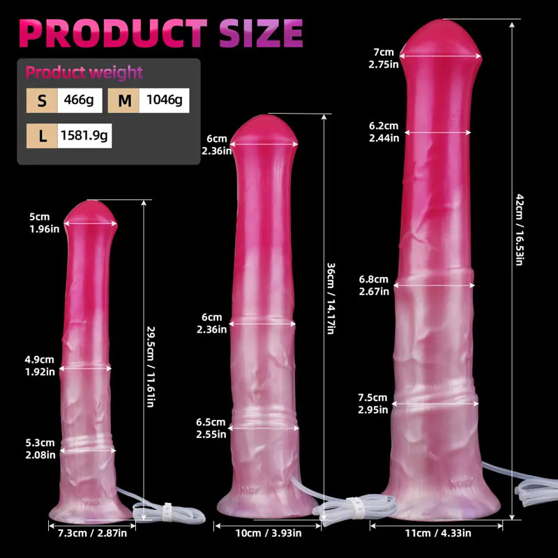 Size comparison chart of various fantasy dildos next to a ruler for scale