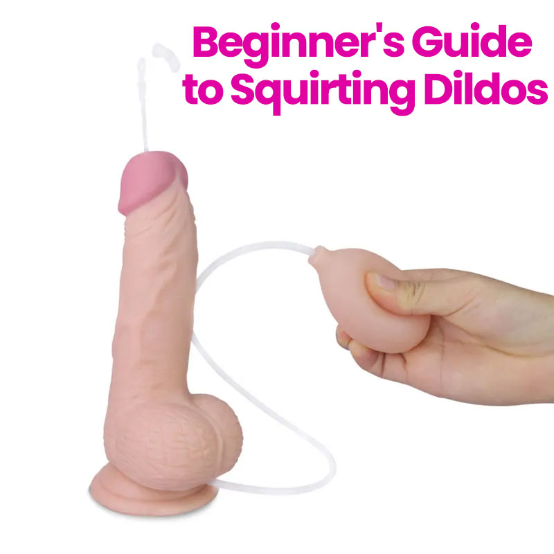Realistic squirting dildo with visible reservoir, neutral elegant background