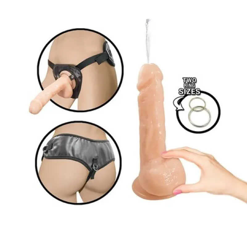 Harness with squirting dildo attached, showing secure fit and realism