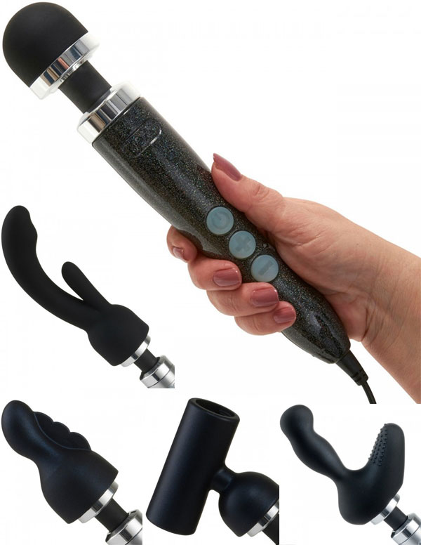 an image of the Doxy wand vibrator with accessory attachments